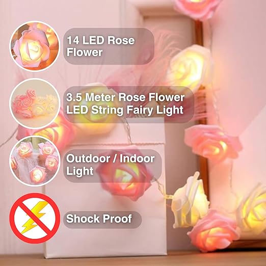Rose-shaped LED string lights glowing warmly on a vase of flowers, ideal for decorative indoor or outdoor use.